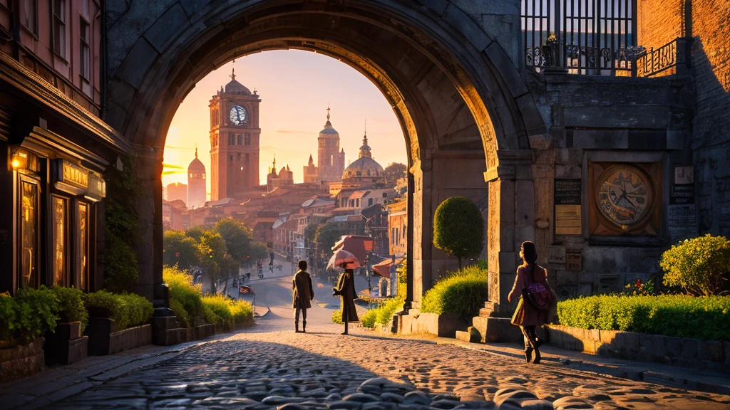 A surreal artwork that depicts a scene within an open geode crystal, a portal from the past outside into the future within the portal. The geode is located in the middle of an 18th century street. the edge of the geode is decorated with Roman numerals resembling a clock face. A person is walking on a winding cobblestone path winding from the outside into the crystal where the sun is setting over a futuristic bustling city street.