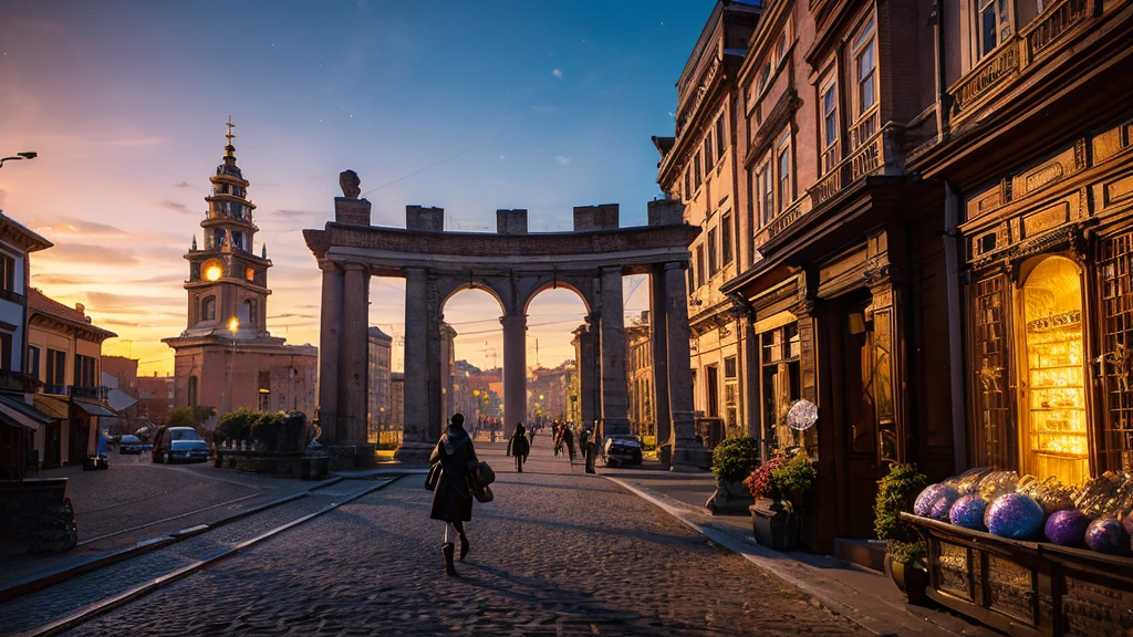 A surreal artwork that depicts a scene within an open geode crystal, a portal from the past outside into the future within the portal. The geode is located in the middle of an 18th century street. the edge of the geode is decorated with Roman numerals resembling a clock face. A person is walking on a winding cobblestone path winding from the outside into the crystal where the sun is setting over a futuristic bustling city street.