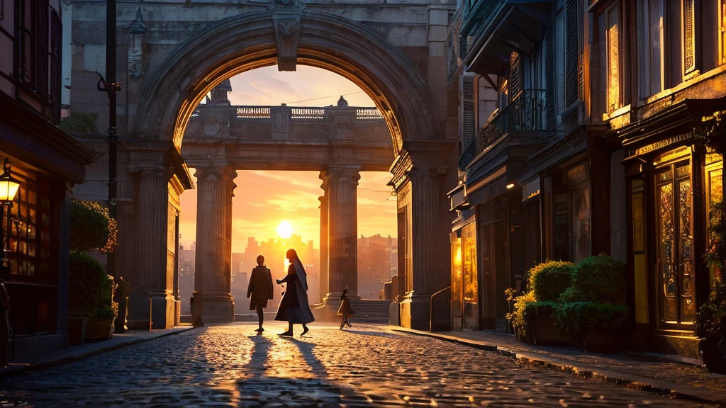 A surreal artwork that depicts a scene within an open geode crystal, a portal from the past outside into the future within the portal. The geode is located in the middle of an 18th century street. the edge of the geode is decorated with Roman numerals resembling a clock face. A person is walking on a winding cobblestone path winding from the outside into the crystal where the sun is setting over a futuristic bustling city street.