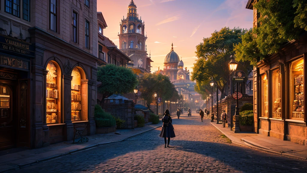 A surreal artwork that depicts a scene within an open geode crystal, a portal from the past outside into the future within the portal. The geode is located in the middle of an 18th century street. the edge of the geode is decorated with Roman numerals resembling a clock face. A person is walking on a winding cobblestone path winding from the outside into the crystal where the sun is setting over a futuristic bustling city street.