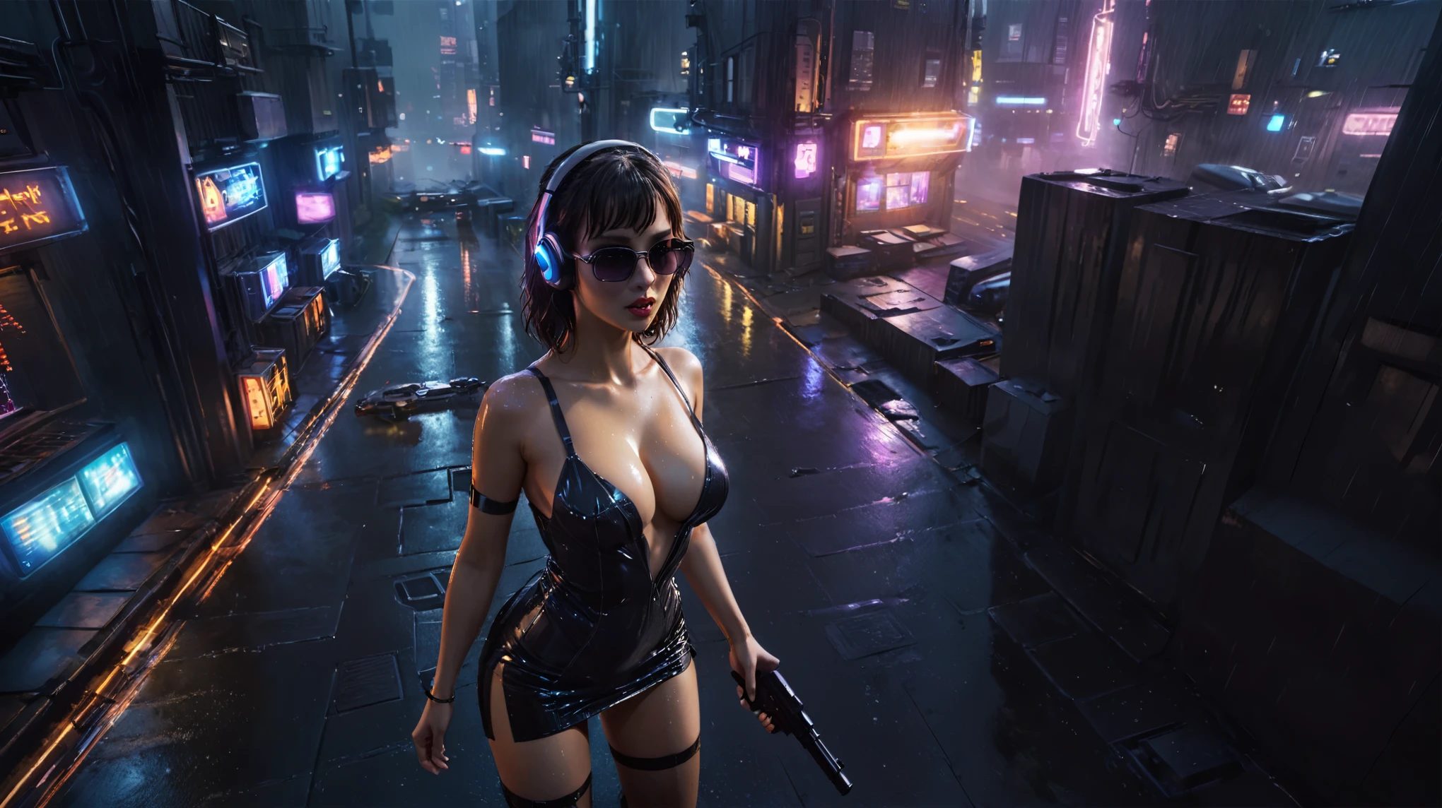 (((aerial view))), (flying cars docking platform), Blade Runner style futuristic city alley, neon lights, rainy night. (1girl, solo, alone), large-breast:1.2 slim body, cleavage:1.1, sexy wind blowing wet dress:1.4, headphone, (black sunglasses), (((she raised a pistol:1.8 and shot:1.8 the viewer))), dynamic pose, (((half-body thigh level medium shot))), cinematic lighting, lens flare, ray tracing, blurred:1.4 background.