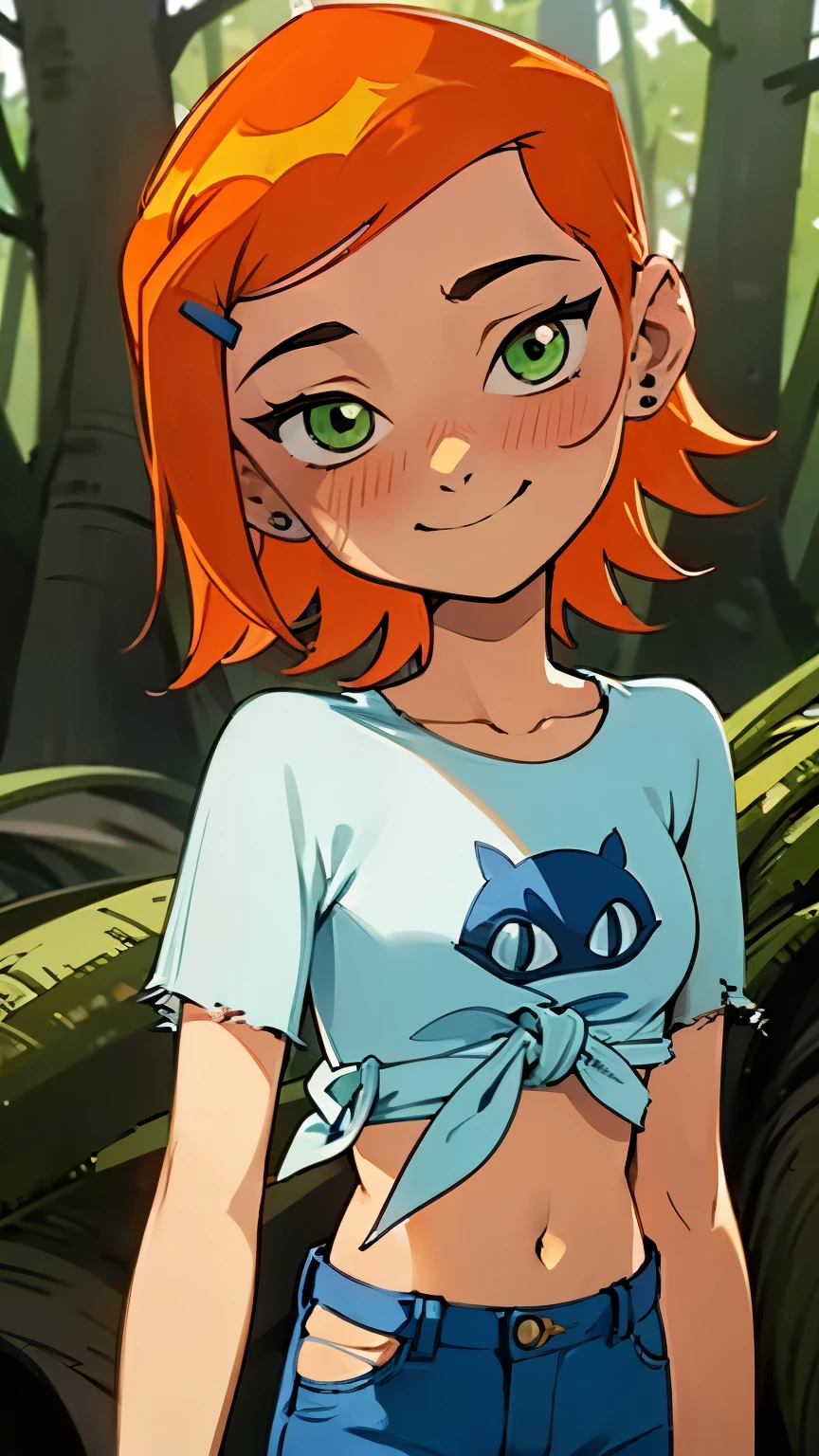 (Masterpiece), Best Quality, ultra-detailed, 1girl (Gwendolyn_Tennyson, lovely small breasts, orange hair, short hair, green eyes, half-closed eyes), a face in love, smile, parted lips, solo, yellow t-shirts(wet clothes, tired), see-through, covered nipples,bare one shoulder, navel, joch, pleats skirt, ultra mini skirt, lace panties, in the forest, straddle, sitting on rock, spread legs, top view, Sexy waist teasing,