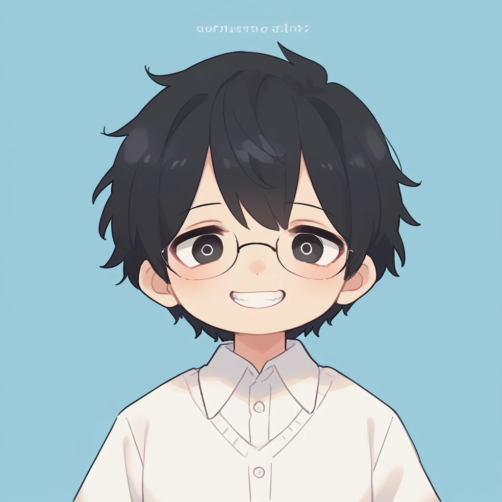 High resolution, masterpiece, accurate, amount,Short black hair 、One Man、The black eye、Deep Blue Background、Smiling with teeth showing, Glasses、eyeがシンボル, 詳細なeye
