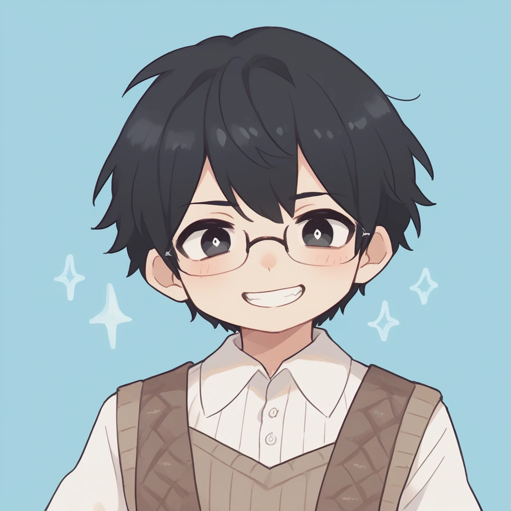 High resolution, masterpiece, accurate, amount,Short black hair 、One Man、The black eye、Deep Blue Background、Smiling with teeth showing, Glasses、eyeがシンボル, 詳細なeye