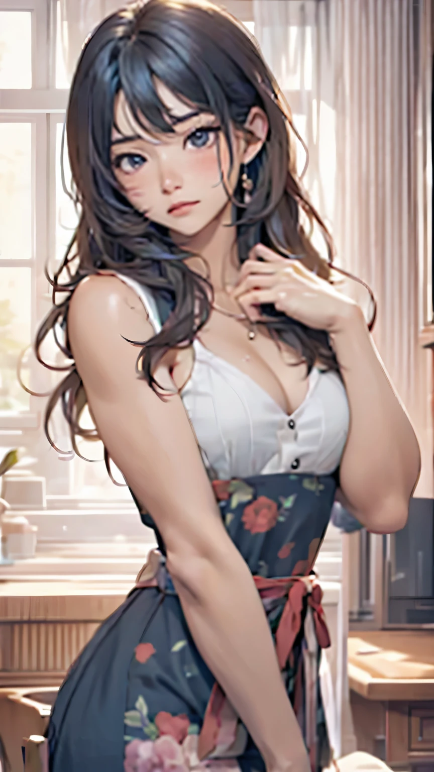 tiny waist, 2.5D anime, sad expression, blushing, lips