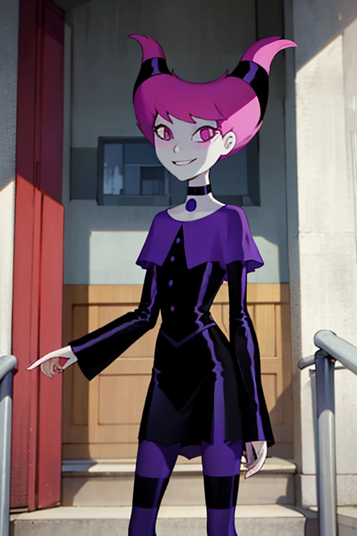 ((masterpiece,best quality)), absurdres, Jinx_TeenTitans, 1girl, solo, pink eyes, pink hair, grey skin, hair up, pale skin, medium hair, hair horns, choker, striped pantyhose, capel, black dress, jewelry, solo, smiling, looking at viewer, cowboy shot,
