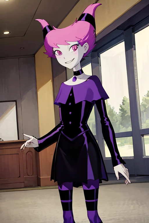 ((masterpiece,best quality)), absurdres, Jinx_TeenTitans,   1girl, solo, pink eyes, pink hair, grey skin, hair up, pale skin, medium hair, hair horns, choker, striped pantyhose, capel, black dress, jewelry,  solo, smiling, looking at viewer, cowboy shot,