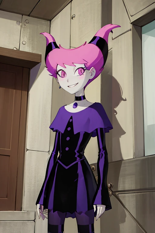 ((masterpiece,best quality)), absurdres, Jinx_TeenTitans, 1girl, solo, pink eyes, pink hair, grey skin, hair up, pale skin, medium hair, hair horns, choker, striped pantyhose, capel, black dress, jewelry, solo, smiling, looking at viewer, cowboy shot,