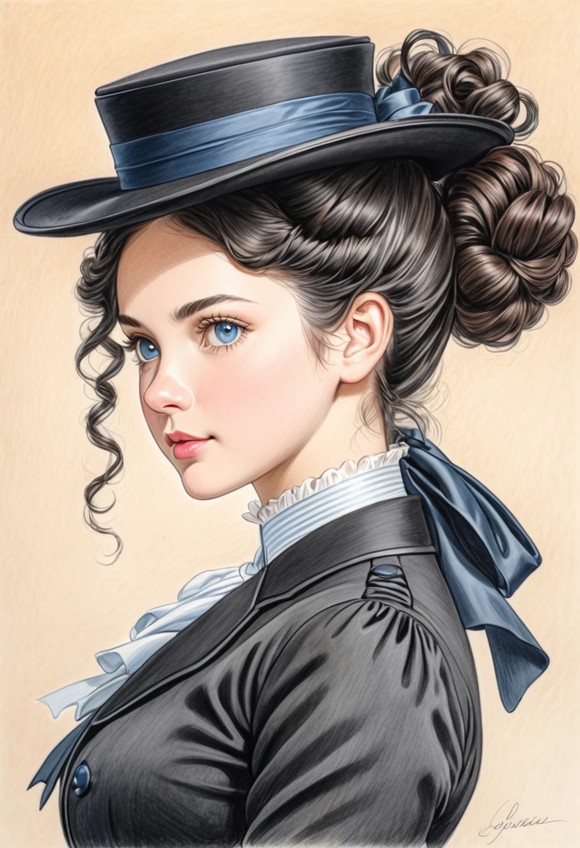A colored pencil drawing of a young victorian governess, curly black hair. Kind and inteligent energy. Hair in bun, hat
