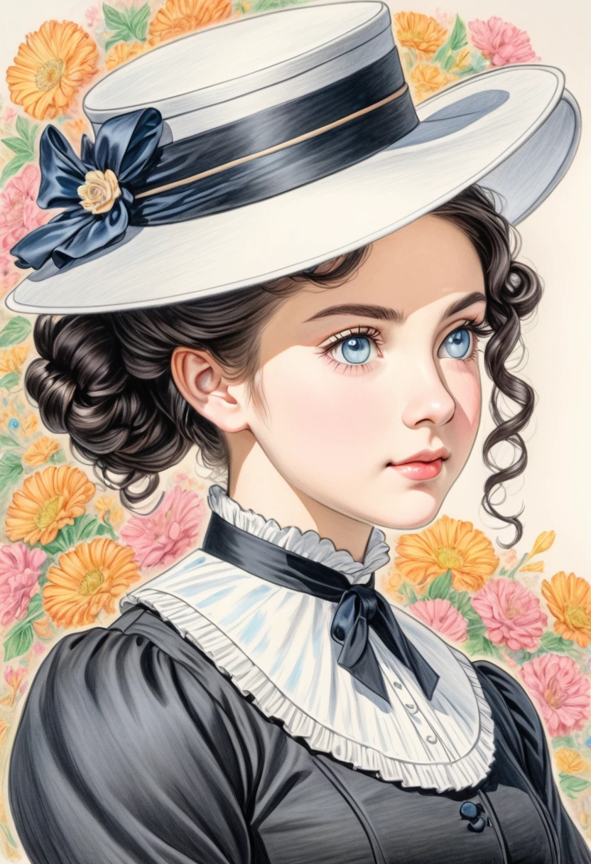 A  colored pencil drawing of a young victorian governess, curly black hair. Kind and inteligent energy. Hair in bun, hat