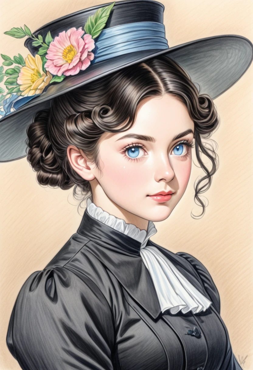A colored pencil drawing of a young victorian governess, curly black hair. Kind and inteligent energy. Hair in bun, hat