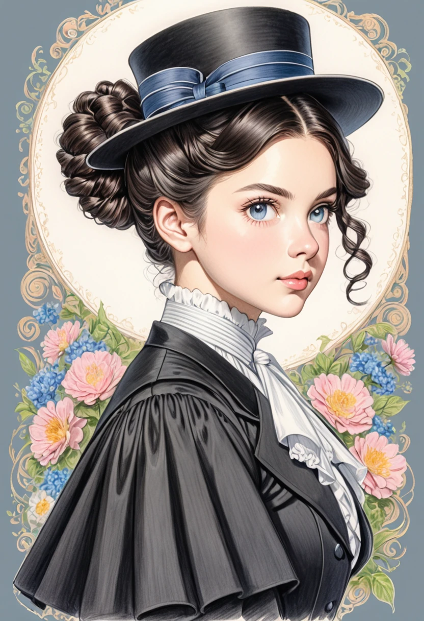 A colored pencil drawing of a young victorian governess, curly black hair. Kind and inteligent energy. Hair in bun, hat