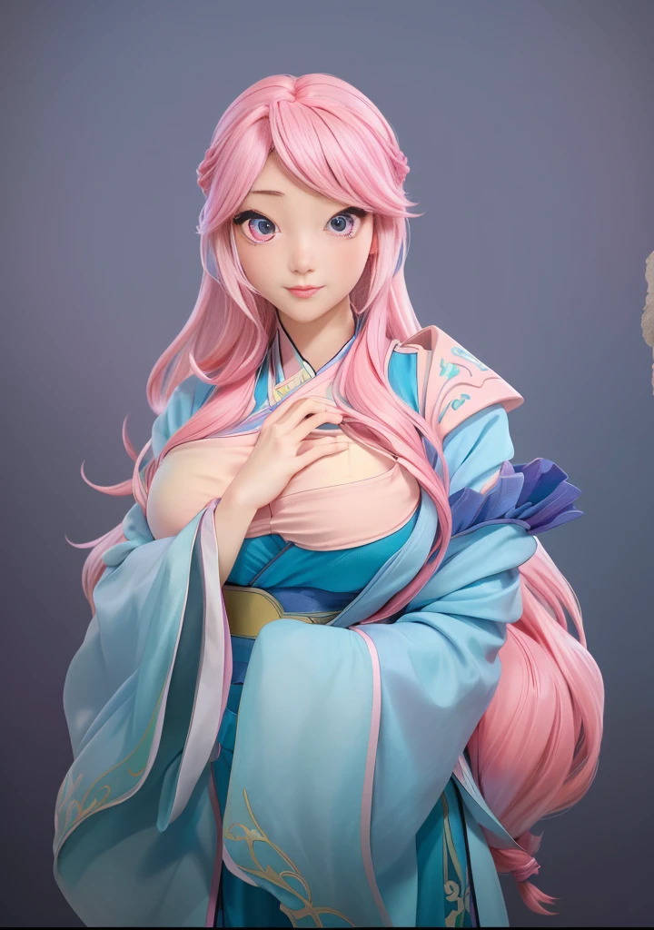 Image of a woman with pink hair and a blue dress, Attractive anime girl, OPPEIN, Real person style，Pink Eyes，Pink long hair，Hanfu，antiquity，Chinese style，，big ，huge ，sexy body，cute，Cute style，High-quality works