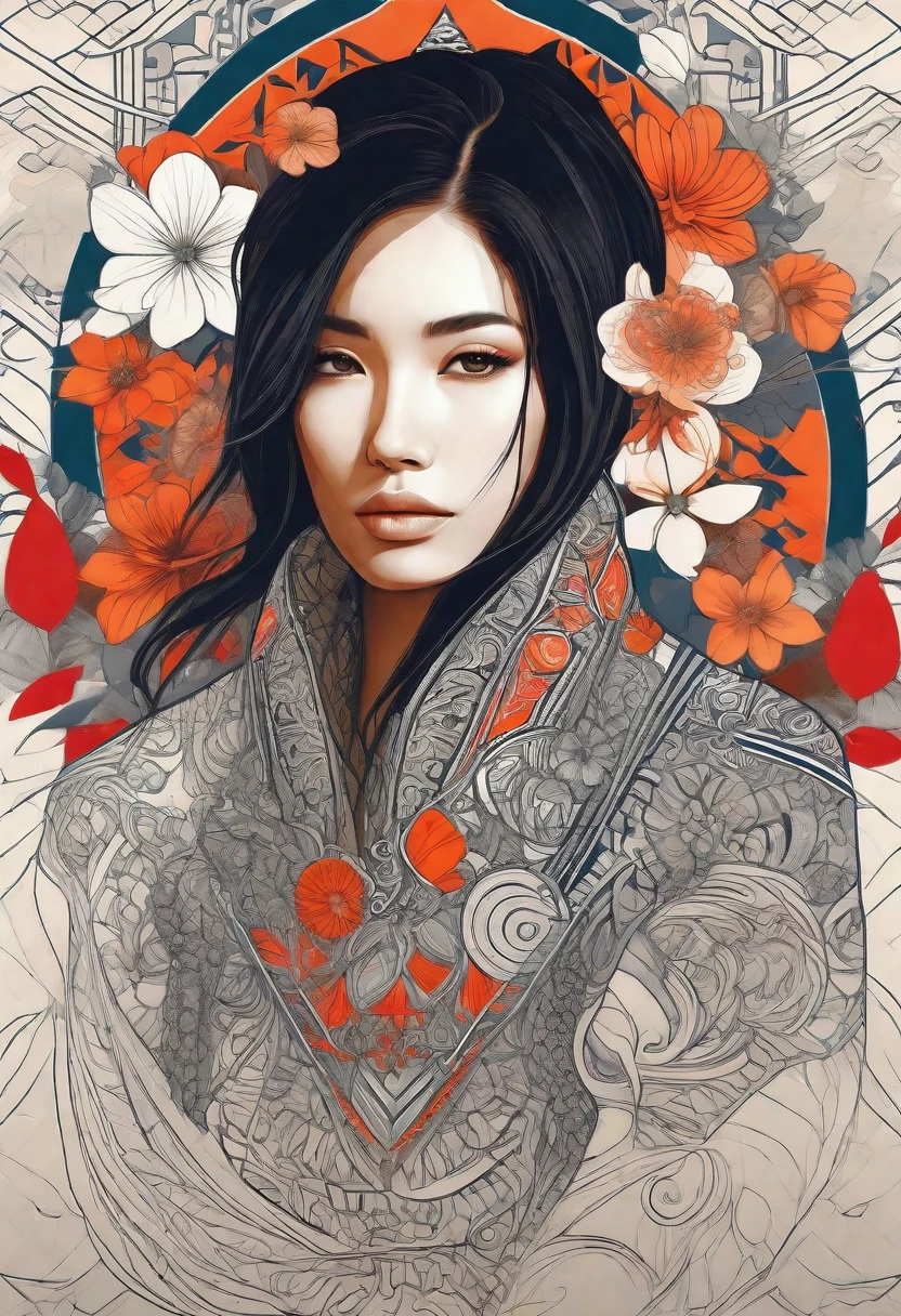 Highly detailed and stylized digital illustration featuring a woman with long, flowing black hair adorned with intricate floral and geometric elements. The layout is vertical, with the subject positioned in a three-quarter profile view, looking to the left. Her facial features are delicate, with fair skin, large expressive eyes, and a calm expression. The artwork incorporates a mix of traditional and modern elements, including vibrant red and orange flowers, ornate patterns, and abstract shapes. The woman's attire is detailed with elaborate designs, and she has a prominent tattoo on her upper arm. The background is a blend of black, white, and red splashes, adding depth and contrast to the composition.

