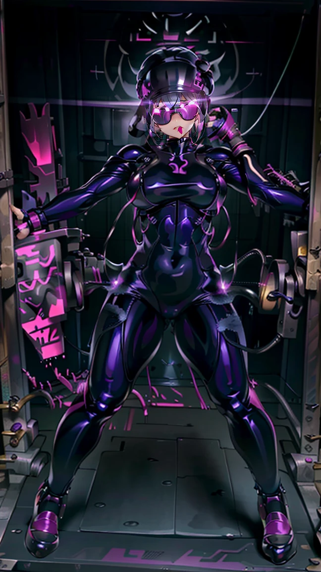 1 girl,Browsing Caution,Helmet, brainwashing, visor, wire, ,clavicle, Eyes glowing purple,Absurd, brainwashinging,Hollow Eyes, Big Breasts, Expressionless,(Black latex tight bodysuit),avert your eyes , Full body shape,(Must have:1.2)、(Realistic:1.37)、Ticker、Studio Lighting、Sharp focus、Physically Based Rendering、Extreme Detail、Professional specifications、Vibrancy and color、Blurred、Sports portrait、landscape、Horror Style、sf、Concept Artist、 Perfect body、All Roles、