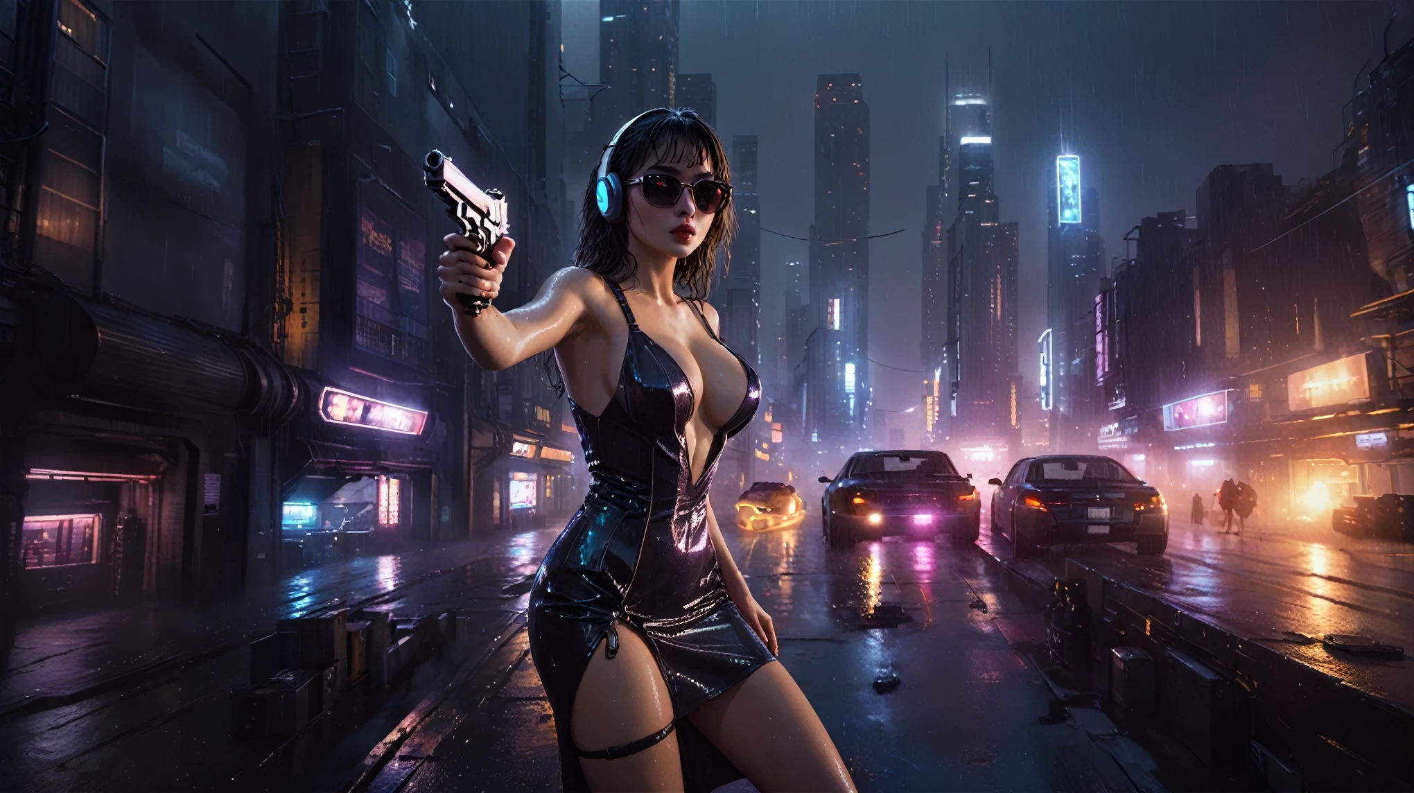 (((aerial view))), (flying cars docking platform), Blade Runner style futuristic city alley, neon lights, rainy night. (1girl, solo, alone), large-breast:1.2 slim body, cleavage:1.1, sexy wind blowing wet dress:1.4, headphone, (black sunglasses), (((she raised a pistol:1.8 and shot:1.8 the viewer))), dynamic pose, (((half-body thigh level medium shot))), cinematic lighting, lens flare, ray tracing, blurred:1.4 background.