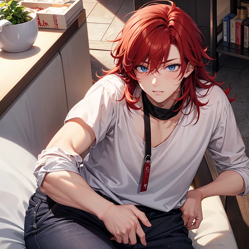 (a red large twisted bang) hanging to the side of his face