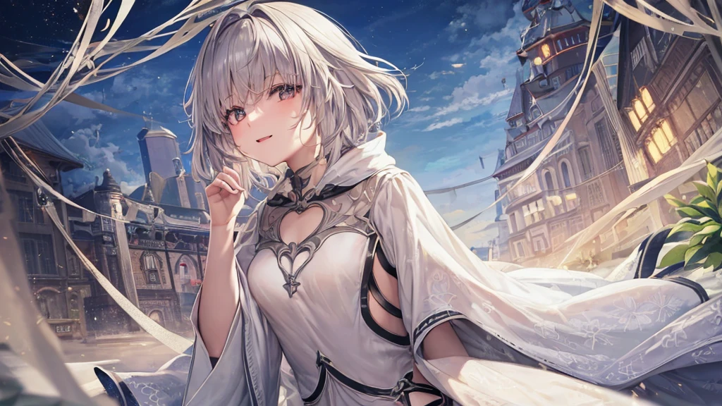 Ultra HD,Look at the viewers, Put your hands behind your back, With a girl, 20-year-old, 非常にShort Hair, Long bangs between the eyes, Pale blue eyes, Very detailed,(masterpiece、Highest quality),Gray Hair、Laughter、Fantastic, Silver Hair, Iris, Short hair、 Fluttering Hair、Small Face、明るいsmile、(Detailed face) ,Professional Lighting,Wonderful landscape,blue sky, sunlight,Looking down from above,Portraiture、Open your mouth、Flower Field、Her eyes were shining、Mysterious and enchanting atmosphere。With AI Painting、とてもShort Hair, Long bangs between the eyes, Very detailed,(masterpiece、Highest quality)、alone、Gray Hair、Fantasy, Silver Hair, Fantasyな風景、smile、Open your mouth、short hair、Short Hair、hairpin、black eye、Grey Eyes、Beautiful Eyes、Black Shirt、White hoodie