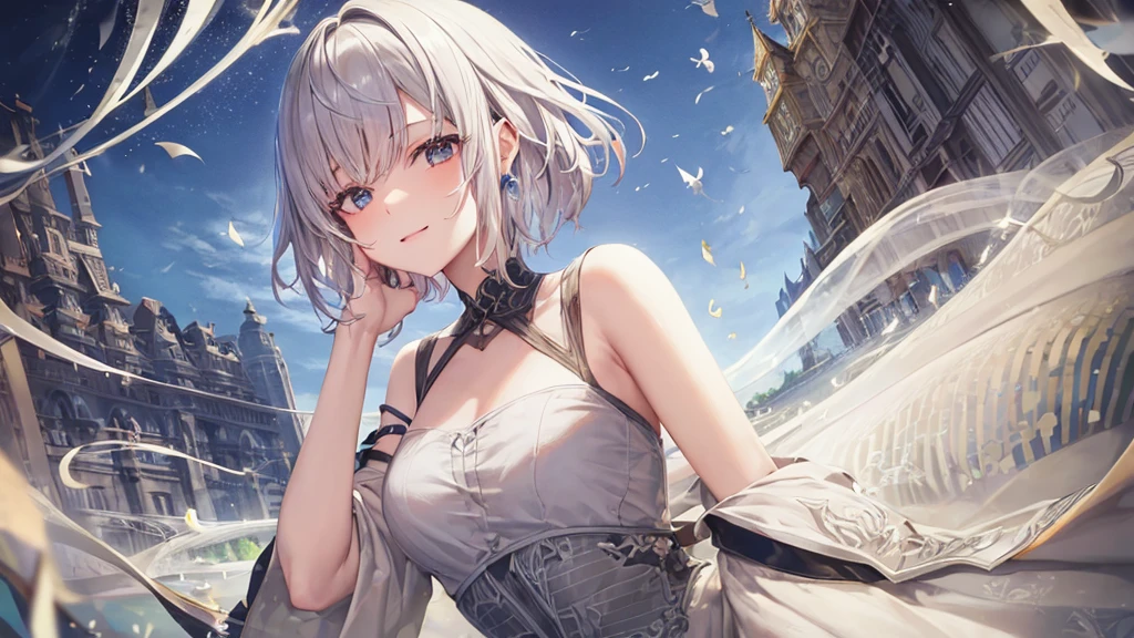 Ultra HD,Look at the viewers, Put your hands behind your back, With a girl, 20-year-old, 非常にShort Hair, Long bangs between the eyes, Pale blue eyes, Very detailed,(masterpiece、Highest quality),Gray Hair、Laughter、Fantastic, Silver Hair, Iris, Short hair、 Fluttering Hair、Small Face、明るいsmile、(Detailed face) ,Professional Lighting,Wonderful landscape,blue sky, sunlight,Looking down from above,Portraiture、Open your mouth、Flower Field、Her eyes were shining、Mysterious and enchanting atmosphere。With AI Painting、とてもShort Hair, Long bangs between the eyes, Very detailed,(masterpiece、Highest quality)、alone、Gray Hair、Fantasy, Silver Hair, Fantasyな風景、smile、Open your mouth、short hair、Short Hair、hairpin、black eye、Grey Eyes、Beautiful Eyes、Black Shirt、White hoodie