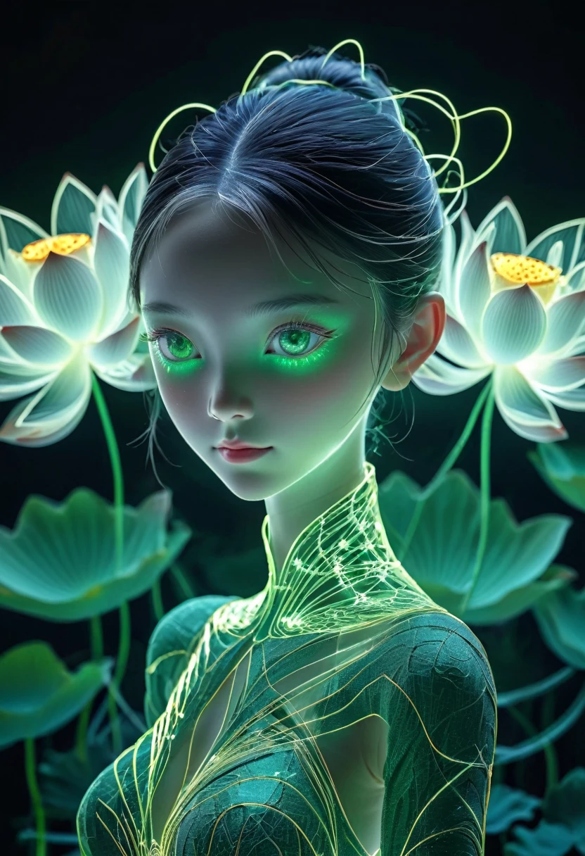high resolution, Very detailed, (1 girl:1.3,),(lotus),Dynamic light wave sunlight, reverberation, Experimental photography, Surreal contrasts, Eye-Catching Visuals, Artistic abstraction,
Breaking the art of cutting, Layered Outlines, Complex Mode, exquisite craft, shadow play, Depth and size, Creative Expression,
break art, Frozen sculpture, translucent形式, short-lived beauty, Crystal structure, exquisite craft, touching,
Breaking Green Eyes,Body Glow,glowing lines,Fluorescence,Glow Example,Sample trace,flash,萤Light Particles,Backlight,translucent,Light Particles