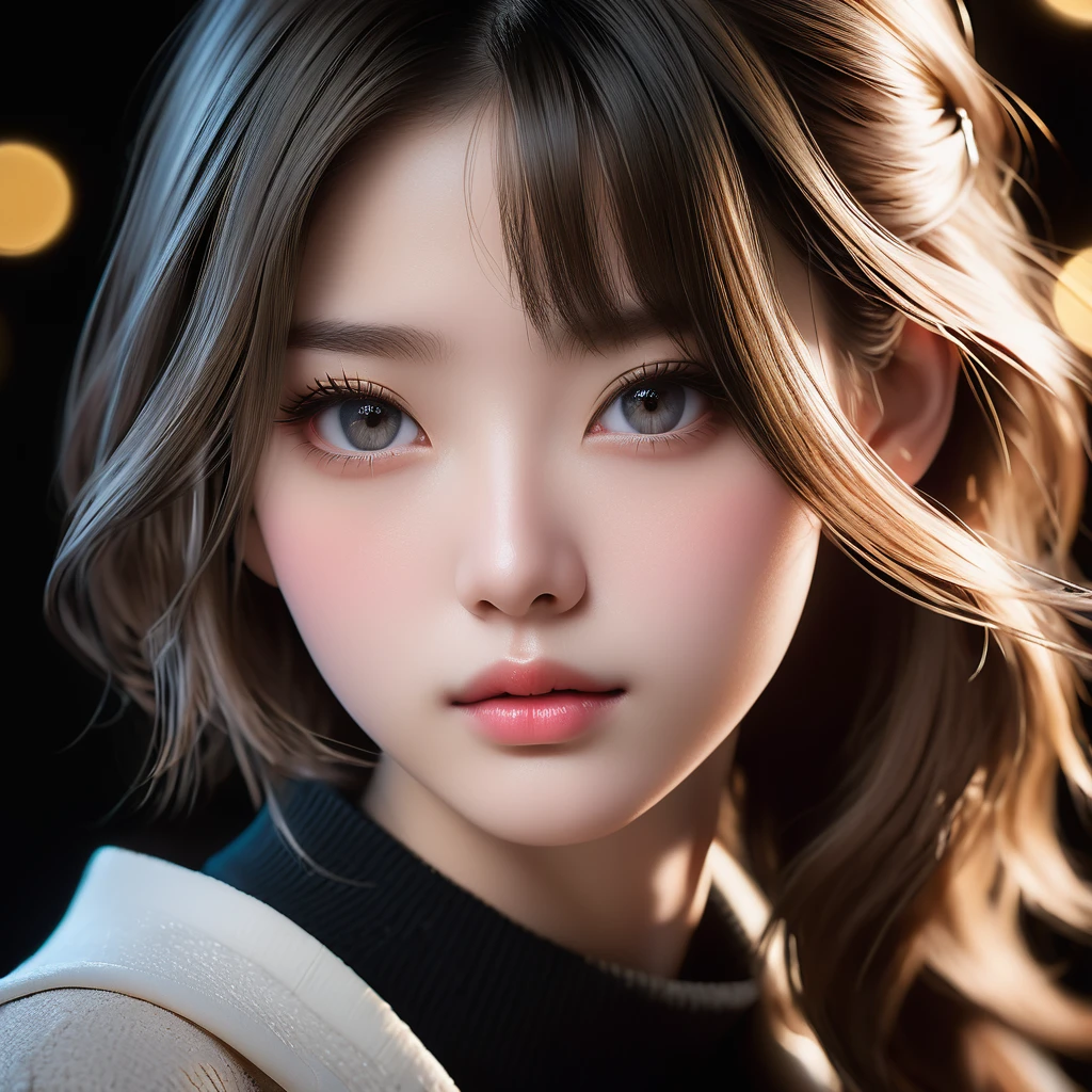 Meticulous, analog style, focus on the eyes, highest quality, (highly detailed skin), photo of very handsome pale skin Japane donghua girl, 21 years old, (wearing), perfect face, pore skin, (penetration:0.5), black background, (bokeh:0.6), sharp focus, grainy lighting, (backlight:0.7), film grain, photographed with Sony A7R IV camera, 18mm F/1.7 cine lens, (highly detailed, intricate detail), 8k, HDR, front view, (upper body: 0.9)
