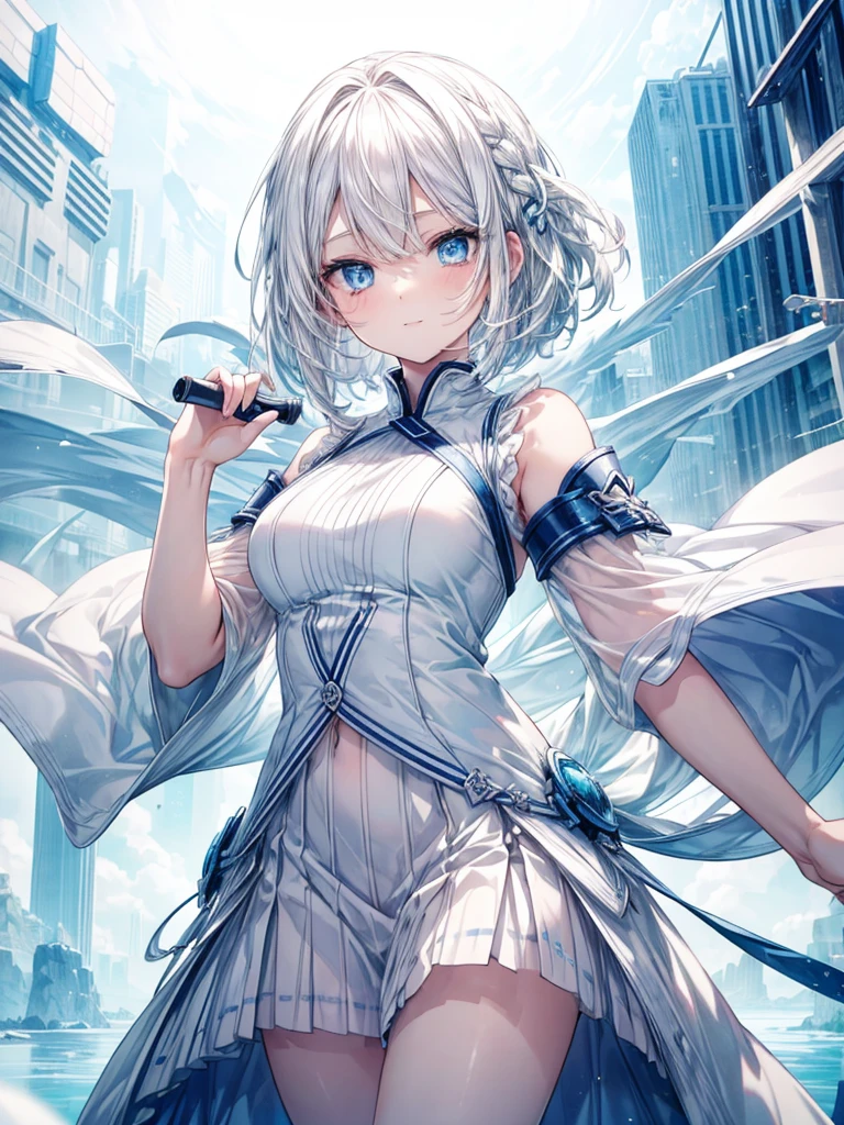 (Top Quality figure),(((Top quality))), short braided hair, short hair ,sky blue eyes,she has beautiful eyes,white hair, her outfit is monochrome, gentle smile, She is considered to be very beautiful, imagenery, beautiful storm ,run under blue sky, strom spring, kawai attention, piece pose, cool style,