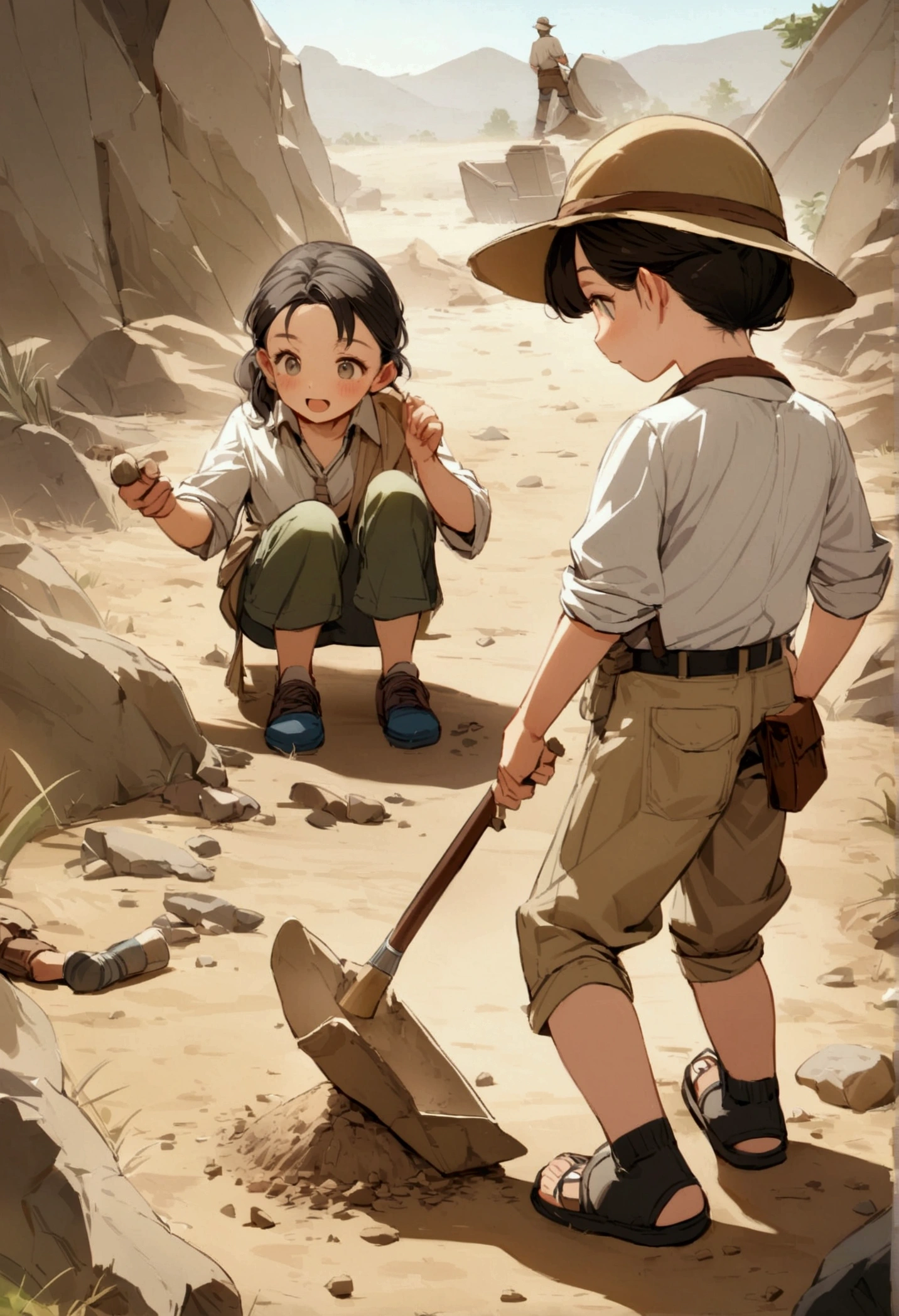 The image shows to childrren playing, boy and girl, at a dig site, archaeologist, wearing khakis,