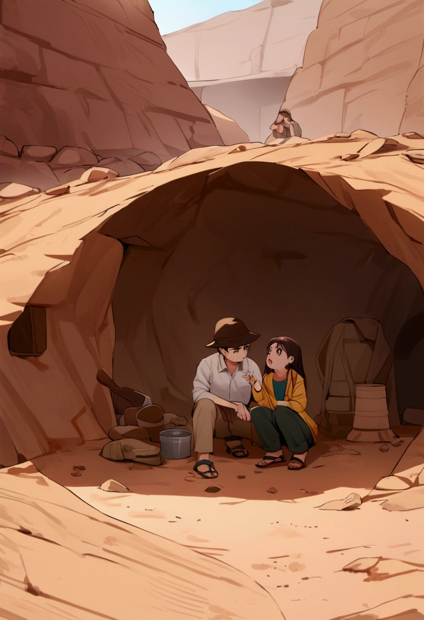 The image shows to childrren playing, boy and girl, at a dig site, archaeologist, wearing khakis,