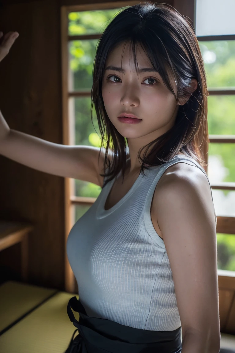 (Highest quality:1.4),(masterpiece:1.4),(Realistic:1.4),(Realistic:1.2),(超High resolution, RAW Photos:1.4),(High resolution, Ultra-detailed:1.2),(8k:1.2),Cinematic photography,a photo of a dark-haired,One girl,alone,wear ,((Japanese female warrior))、((Upper Body:1.3))、Raise your arms to show your sides、((Raise your arms to show your sides))