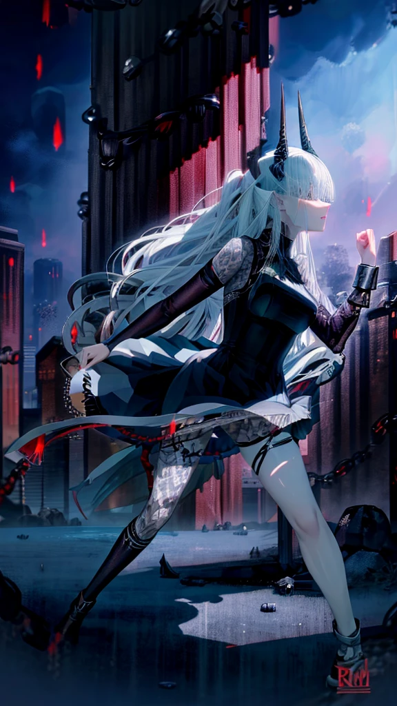 chained girl, white hair, black horn, long horns, demon anime girl, long hair, balck dress, demon horns