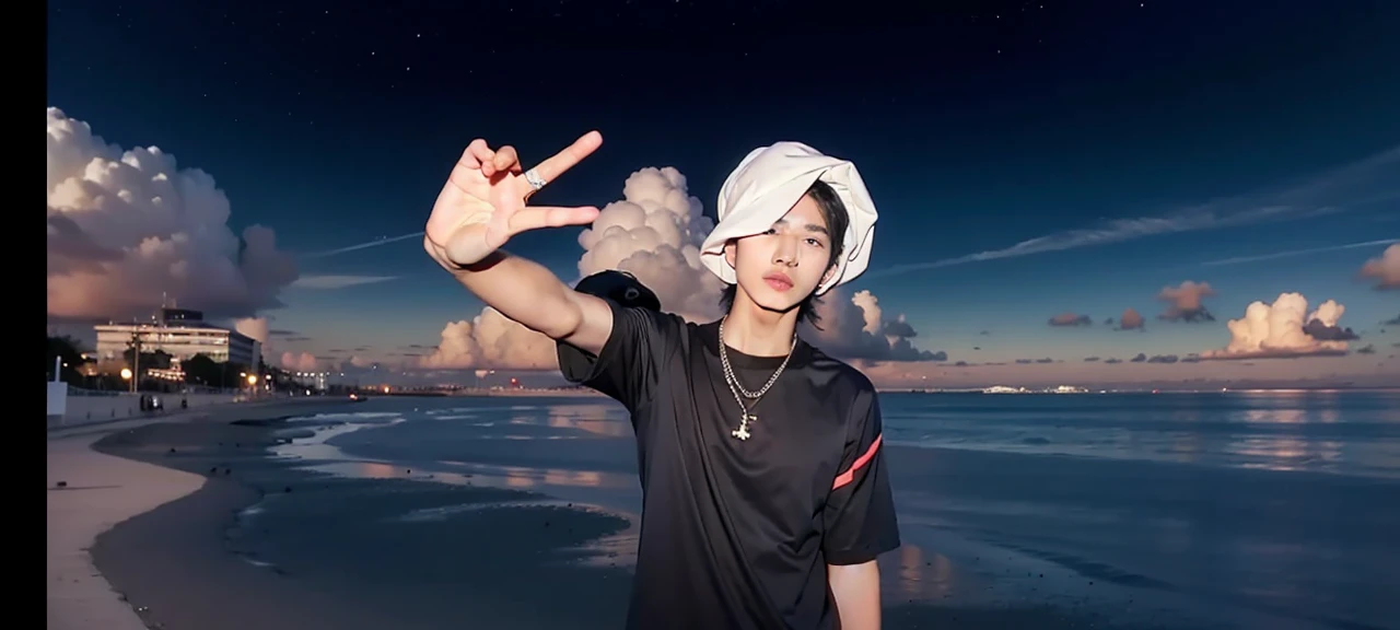 1 boy,Handsome asian male,Face,Street View,sunrise,Different every time, using bandana