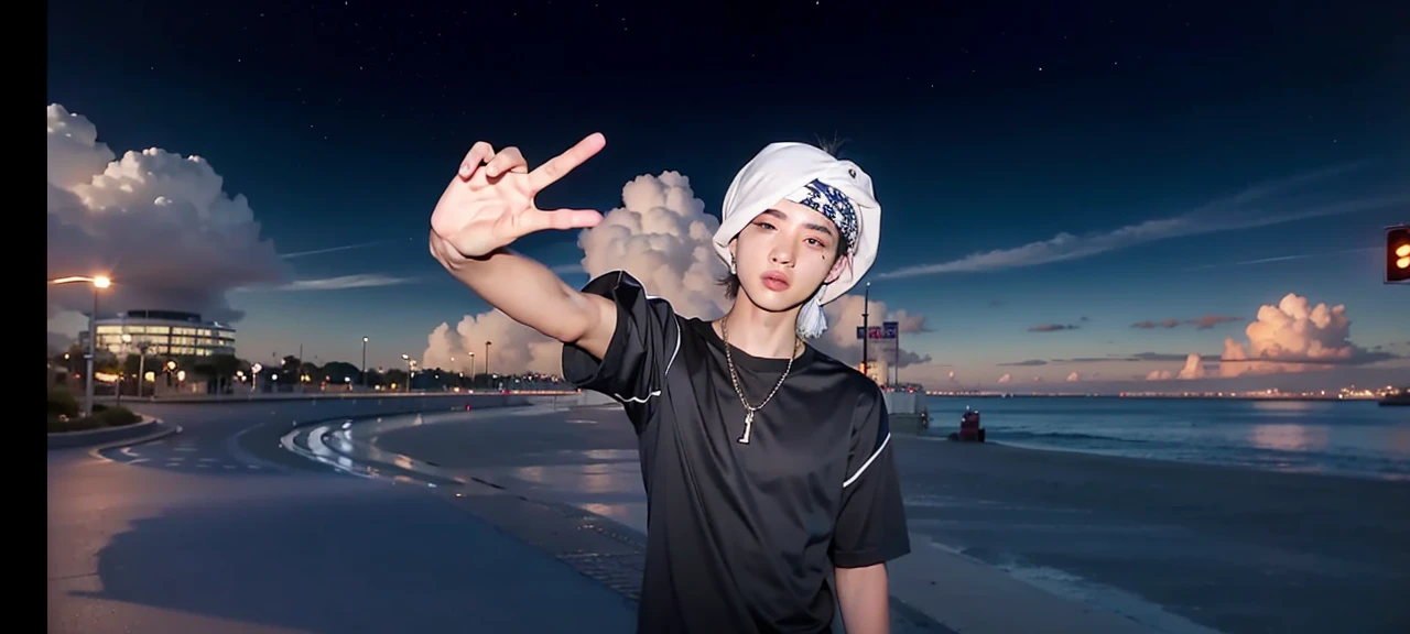 1 boy,Handsome asian male,Face，Street View，sunrise，Different every time, using bandana