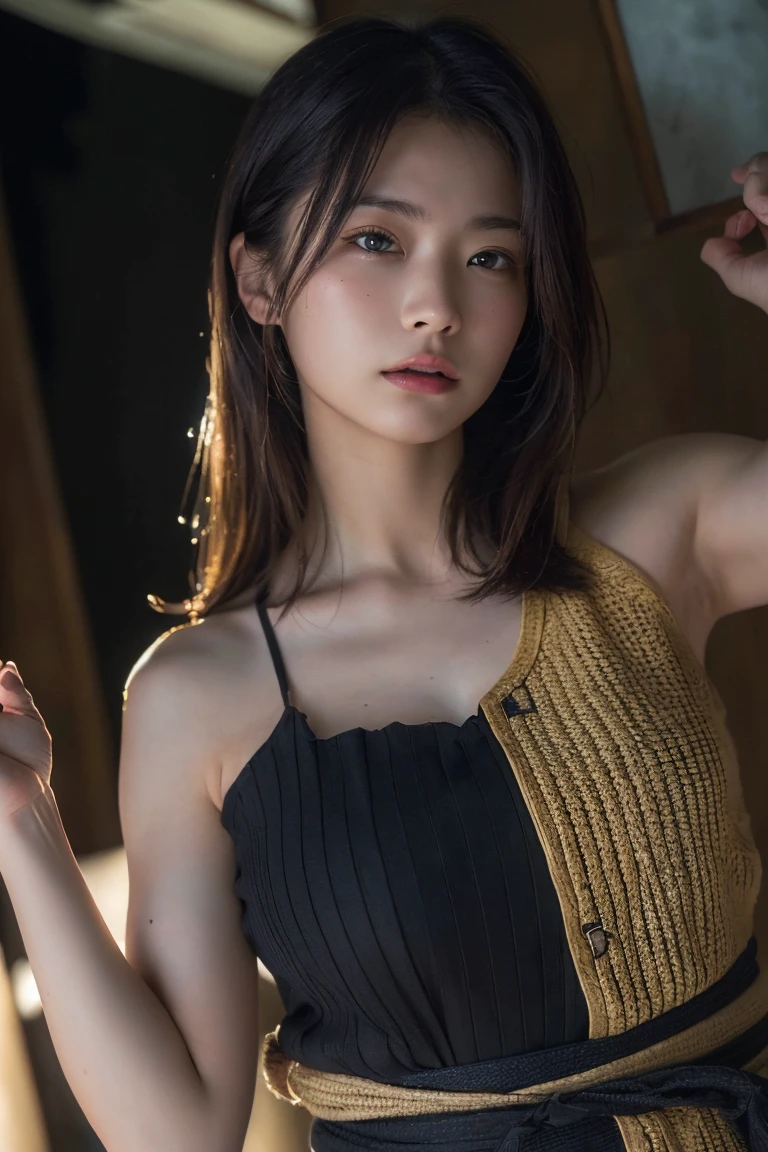 (Highest quality:1.4),(masterpiece:1.4),(Realistic:1.4),(Realistic:1.2),(超High resolution, RAW Photos:1.4),(High resolution, Ultra-detailed:1.2),(8k:1.2),Cinematic photography,a photo of a dark-haired,One girl,alone,wear ,((Japanese female warrior))、((Upper Body:1.3))、Raise your arms to show your sides、((Raise your arms to show your sides))