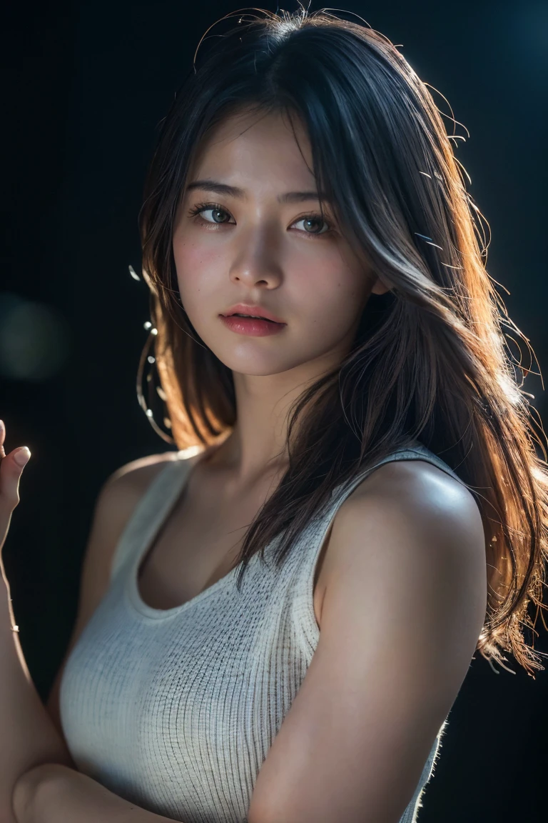(Highest quality:1.4),(masterpiece:1.4),(Realistic:1.4),(Realistic:1.2),(超High resolution, RAW Photos:1.4),(High resolution, Ultra-detailed:1.2),(8k:1.2),Cinematic photography,a photo of a dark-haired,One girl,alone,wear ,((Japanese female warrior))、((Upper Body:1.3))、Raise your arms to show your sides、((Raise your arms to show your sides))