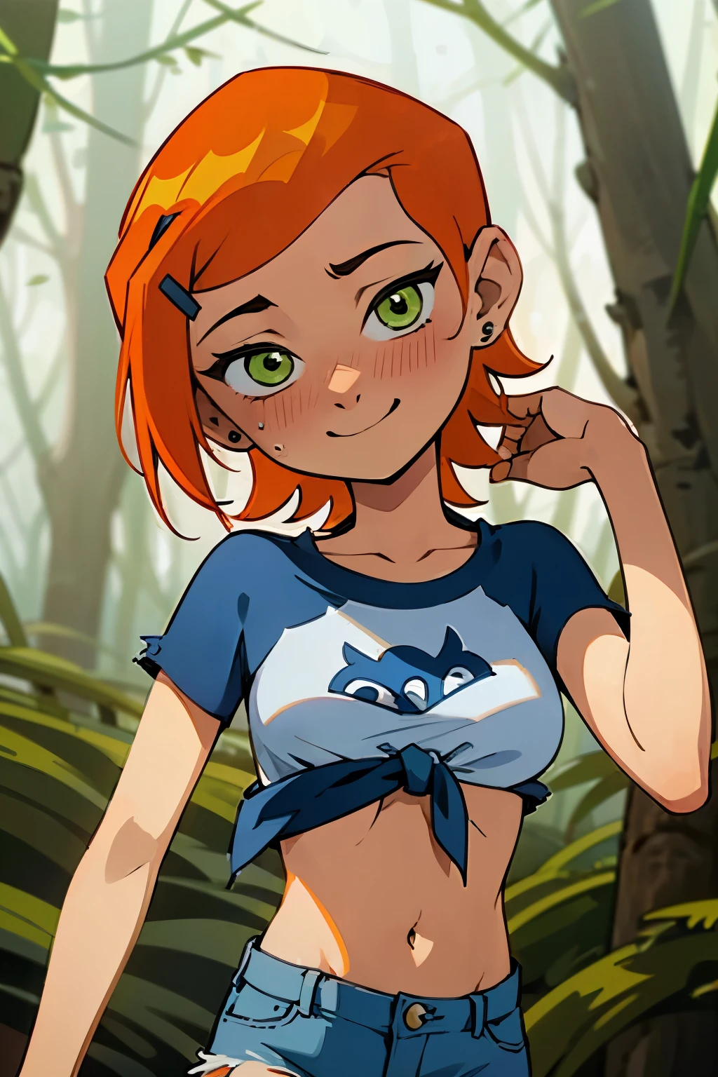 (Masterpiece), Best Quality, ultra-detailed, 1girl (Gwendolyn_Tennyson, beautiful face, breasts, orange hair, short hair, green eyes,  half-closed eyes), , a come-hither face, parted lips, nose  blush, blush, solo, thin T-shirt, navel, belt, denim shorts,in the forest, standing,  love  juice flows out of her pussy,  from_below 