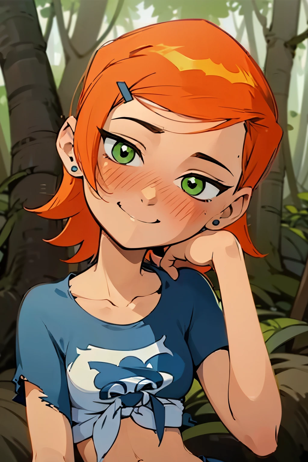(Masterpiece), Best Quality, ultra-detailed, 1girl (Gwendolyn_Tennyson, beautiful face, breasts, orange hair, short hair, green eyes), ,   wicked smile, nose blush, blush, side viewer, looking at viewer,  side look, head tilt, solo,  torn shirts, tied, navel, denim shorts, in the forest, walking, Sexy waist teasing 