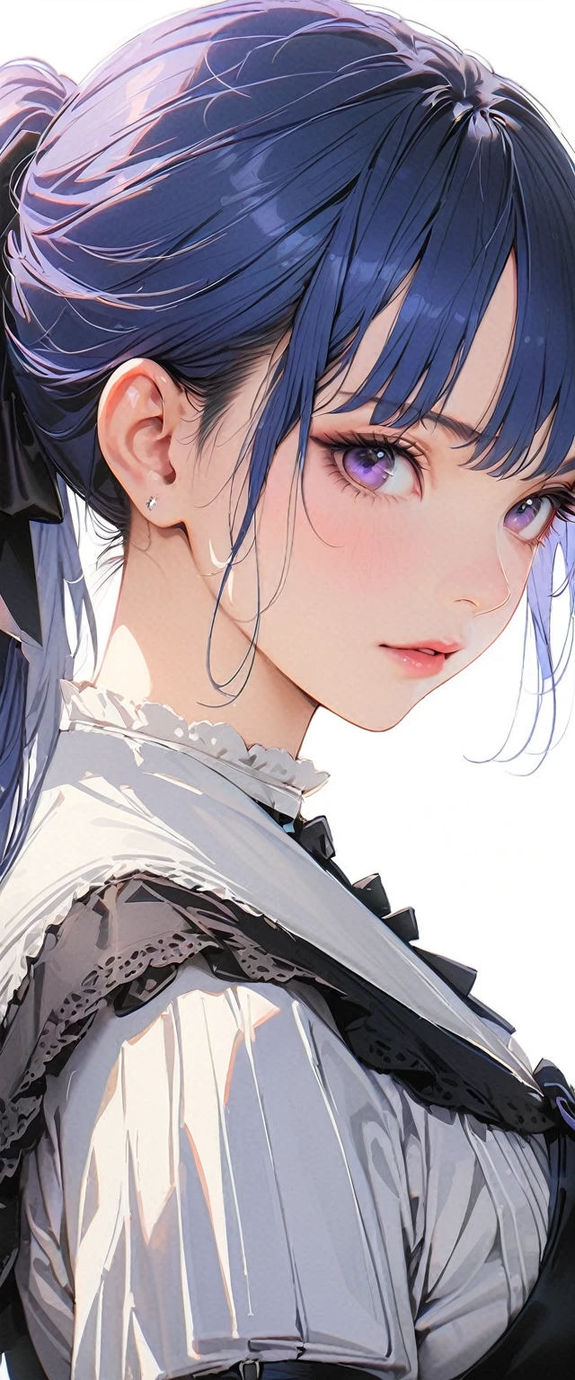 1girl,realistic,short hair,green eyes,empty eyes,purple hair,gigantic breast, uniform,sailor suit,skirt,extremely detailed eyes and face,longeyelashes,beautiful detailed lips,masterpiece,upper body,blue background,lucy