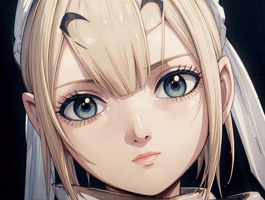 masterpiece), best quality, high resolution blonde 1girl bob cut medium hair standing alone cowl headband profile image looking at viewer beautiful eyes beautiful face extremely detailed