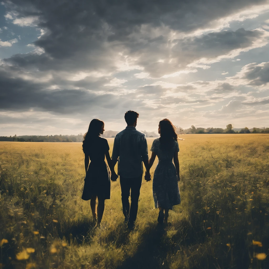 Mixed emotions in a vast field couple holding hands