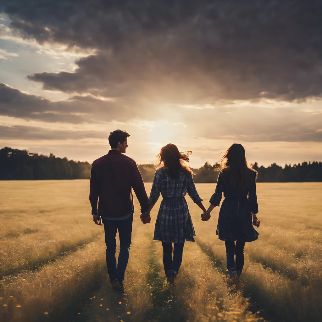 Mixed emotions in a vast field couple holding hands