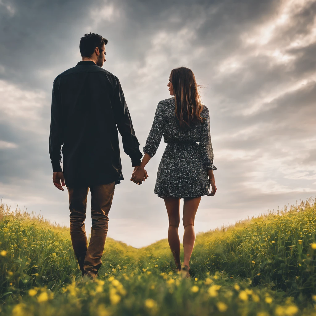 Mixed emotions in a vast field couple holding hands