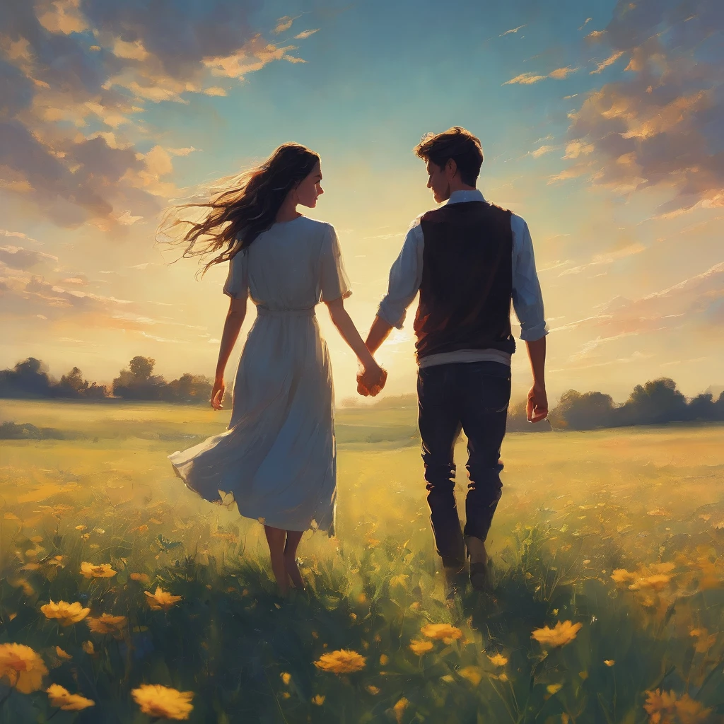 Mixed emotions in a vast field couple holding hands