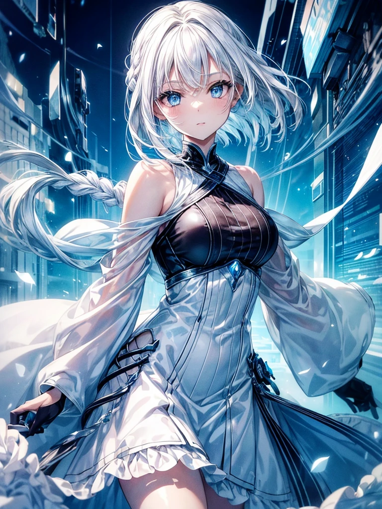 (Top Quality figure),(((Top quality))), short braided hair, short hair ,sky blue eyes,she has beautiful eyes,white hair, her outfit is monochrome, gentle smile, She is considered to be very beautiful, imagenery, beautiful storm ,run under blue sky, strom spring, kawai attention, piece pose, cool style,