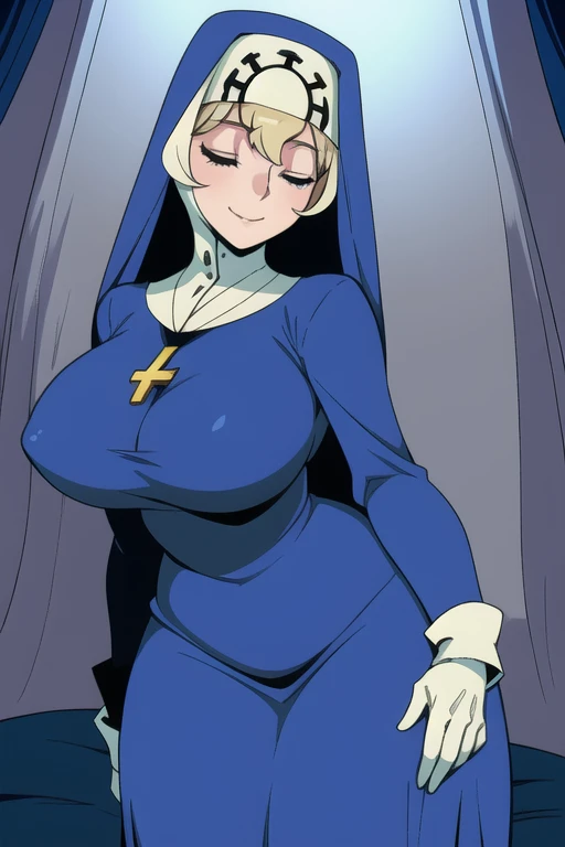 Double, short blonde hair, medium breasts, solo, 1girl, smiling, cowboy shot, closed eyes,
blue habit, cross necklace ,white gloves, long sleeves, nun, long skirt
(insanely detailed, beautiful detailed face,beautiful detailed eyes, masterpiece, best quality) room, bedroom, sexy pose, butt