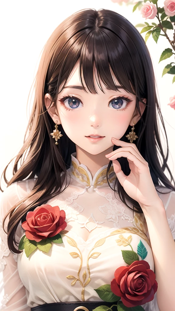 (Flower-like笑顔)、(Flower-like)、(Like flowers)、(Floral fragrance)、(Everyone is enchanted)、(Pale petalsピンクの色)、(Pale petalsブルーの色)、((Highest quality、Highest quality、masterpiece、Beautiful and beautiful、There is only one beautiful woman with long hair and beautiful eyes.、A gentle gaze、Rosy Cheeks))、 Delicate embroidery decoration、Detailed、Pale petals、Lightness、Realistic feel、Super beautiful graphics