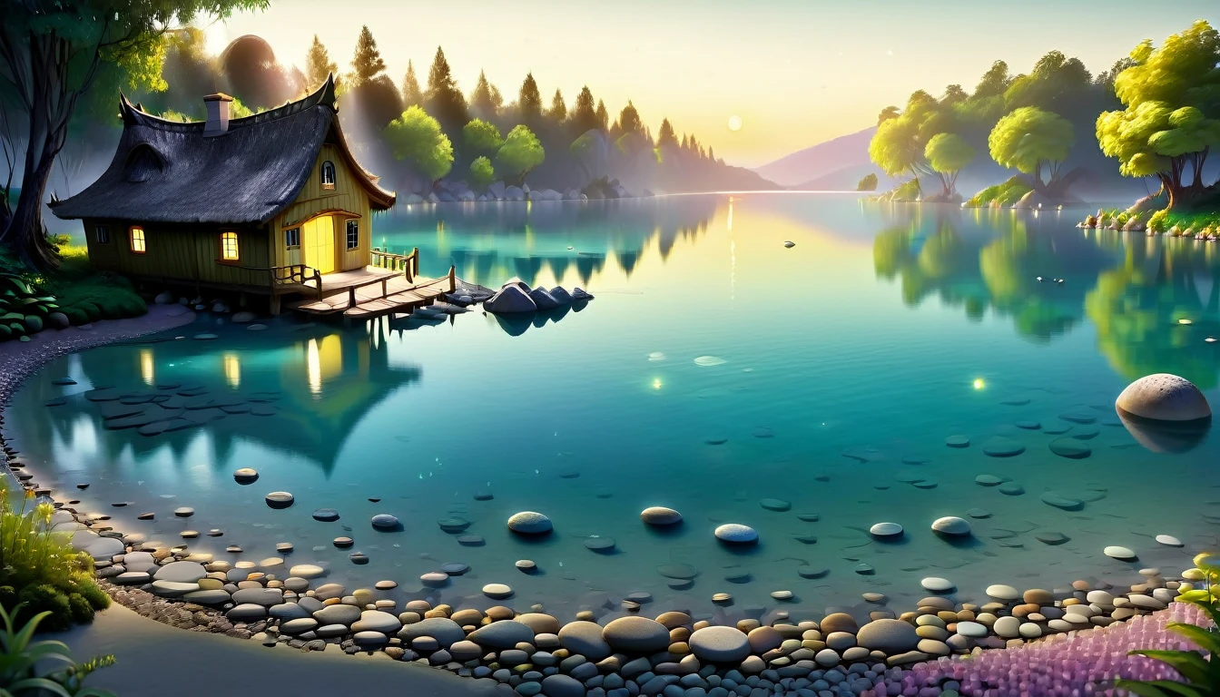 A beautiful calm and peaceful lagoon that reflects the brightness of the stars and moonlight, the stars and the moon have a yellow hue in a starry sky at the bottom of the lagoon cutting horizontally through the landscape we see a little road made of shiny pebbles that passes in front of the little house of a farm. disney pixar style