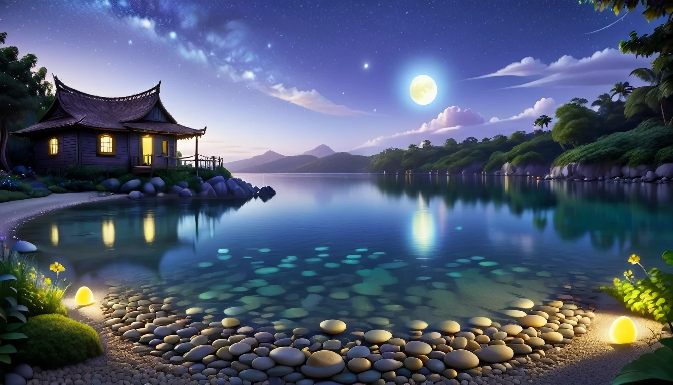 A beautiful calm and peaceful lagoon that reflects the brightness of the stars and moonlight, the stars and the moon have a yellow hue in a starry sky at the bottom of the lagoon cutting horizontally through the landscape we see a little road made of shiny pebbles that passes in front of the little house of a farm. disney pixar style