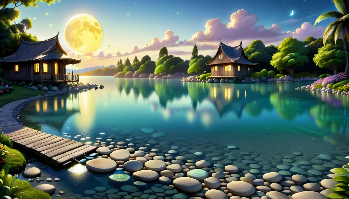 A beautiful calm and peaceful lagoon that reflects the brightness of the stars and moonlight, the stars and the moon have a yellow hue in a starry sky at the bottom of the lagoon cutting horizontally through the landscape we see a little road made of shiny pebbles that passes in front of the little house of a farm. disney pixar style