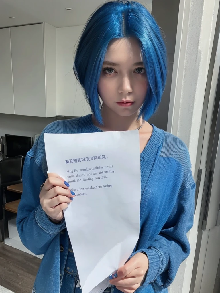 (((blue hair))), (((holding paper with something written on it)))