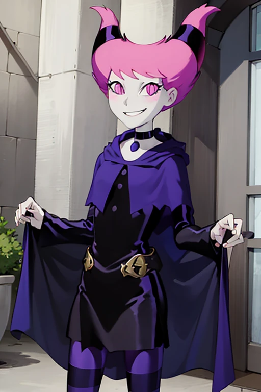 ((masterpiece,best quality)), absurdres, Jinx_TeenTitans, 1girl, solo, pink eyes, pink hair, grey skin, hair up, pale skin, medium hair, hair horns, choker, striped pantyhose, capel, cloak, cape black dress, jewelry, solo, smiling, looking at viewer, cowboy shot,